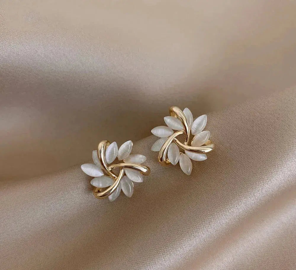 Opal Leaf Wreath Stud Earrings in Gold Color