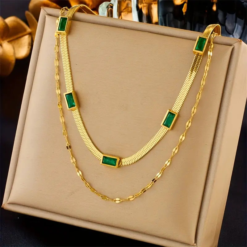 Emerald-Accented Gold Layered Necklace Set
