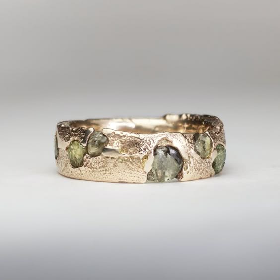 Organic Textured Gold Ring with Raw Green Stones
