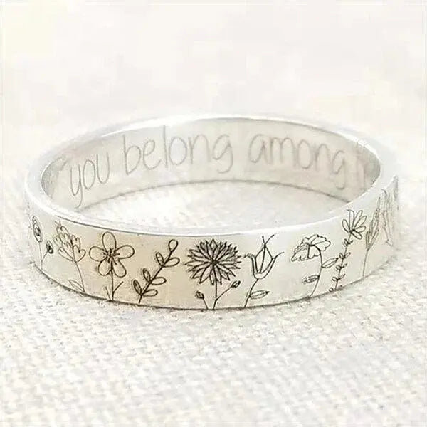 Floral Engraved Silver Tone Ring with Hidden Message