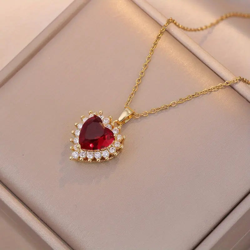 Heart Red Gem Necklace, Ring &amp; Earrings Set in Gold