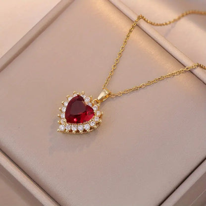 Heart Red Gem Necklace, Ring &amp; Earrings Set in Gold