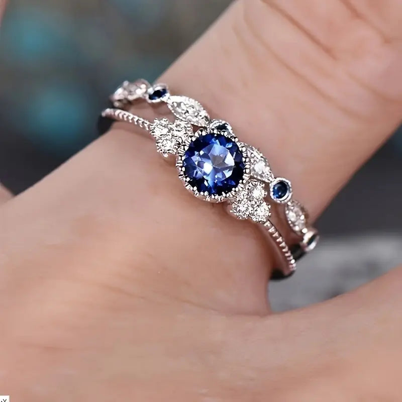 Vintage Sapphire Blue Crystal Ring Set with Delicate Accents