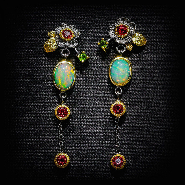 Floral Opal and Red Crystal Long Drop Earrings