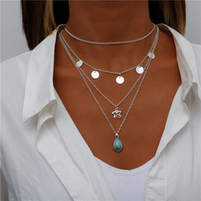 Layered Silver Necklace with Blue Stone and Disc Charms