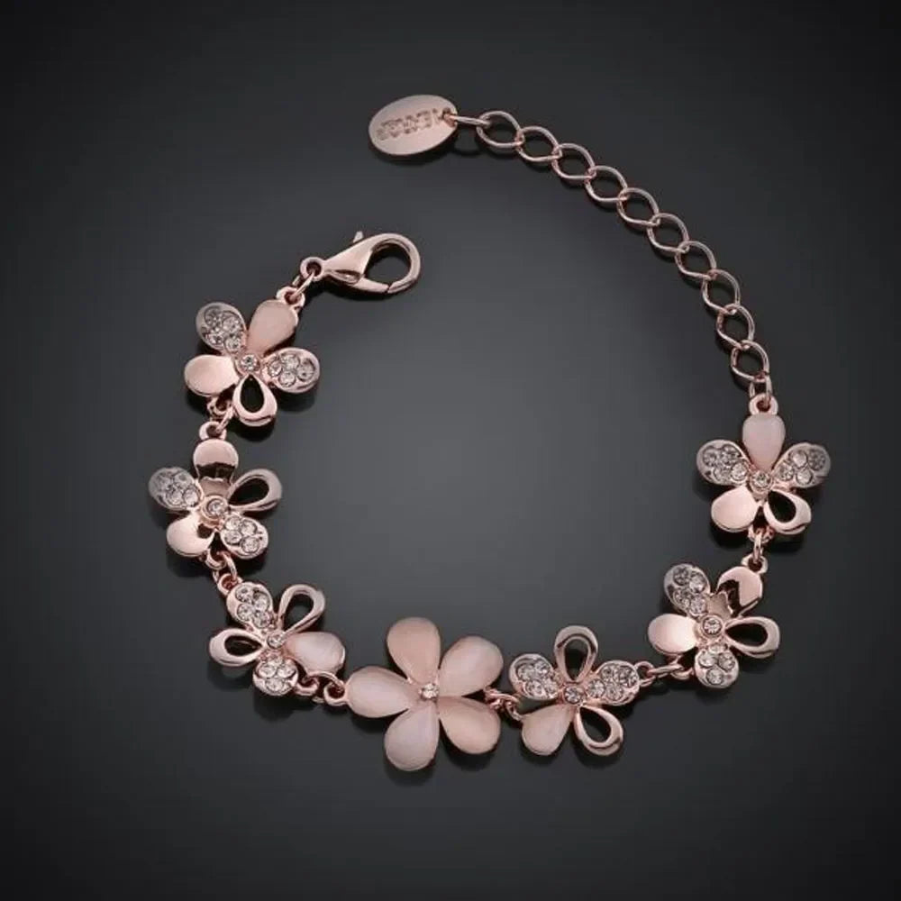 Floral Blossom Bracelet with Crystal Petals in Rose Gold Tone