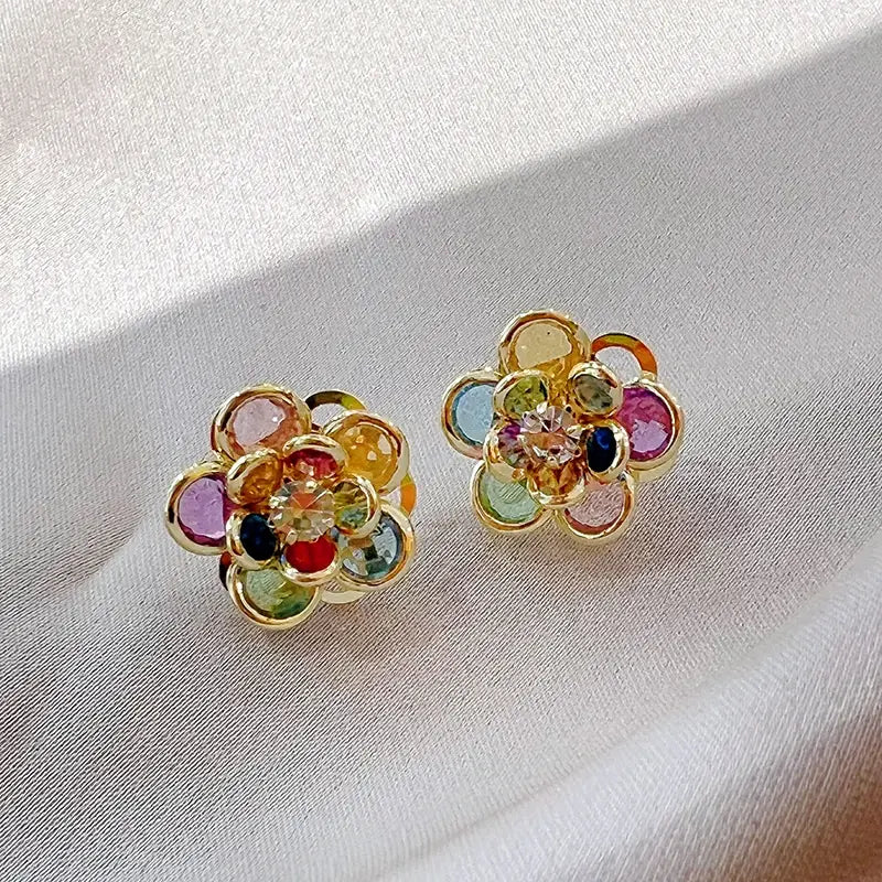 Colorful Crystal Flower Stud Earrings in Gold Tone