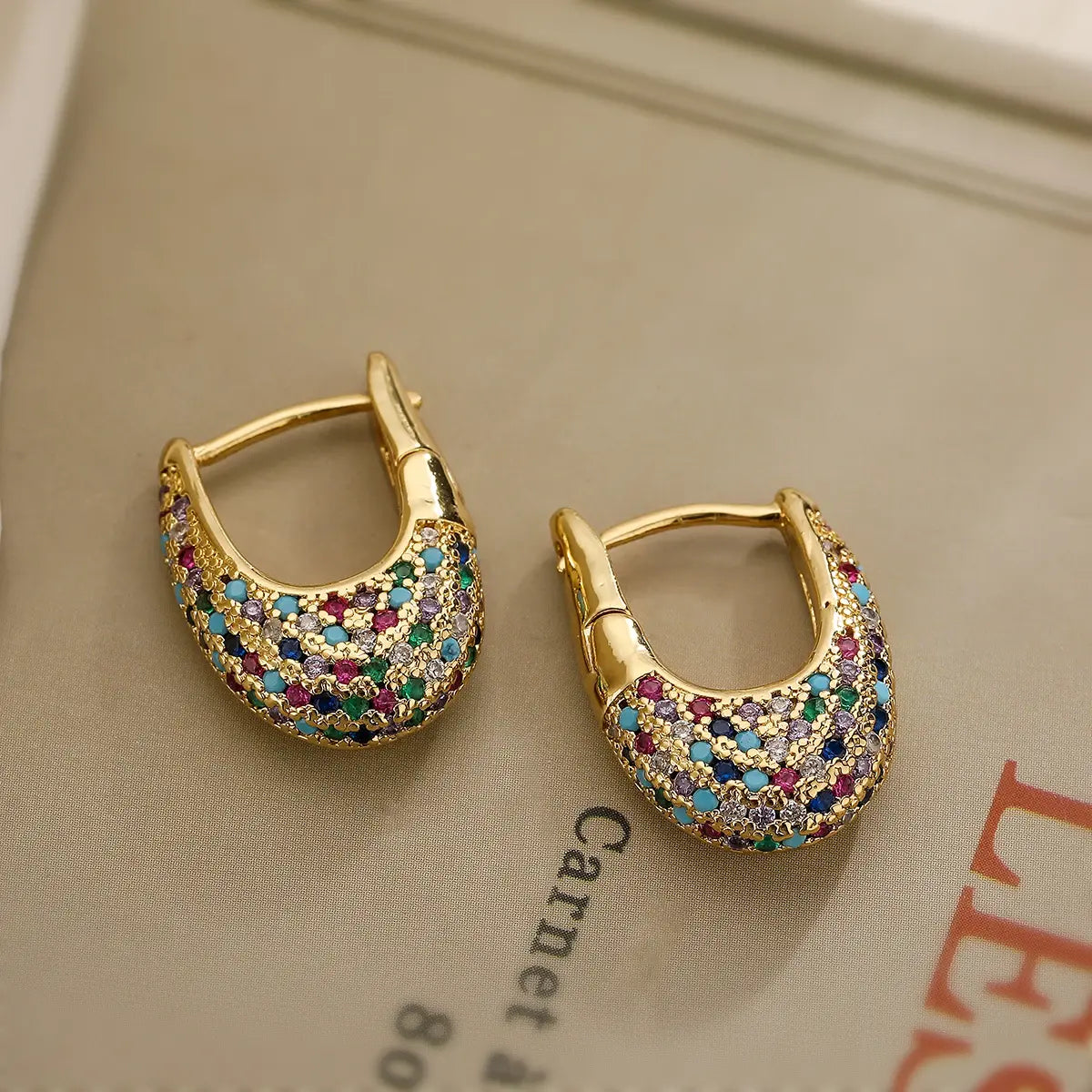 Colorful Crystal Pavé Hoop Earrings in Gold Color