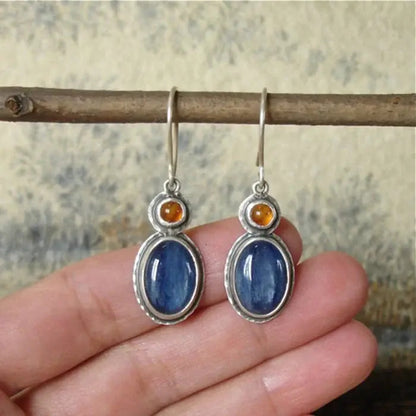 Vintage Blue and Amber Oval Drop Earrings