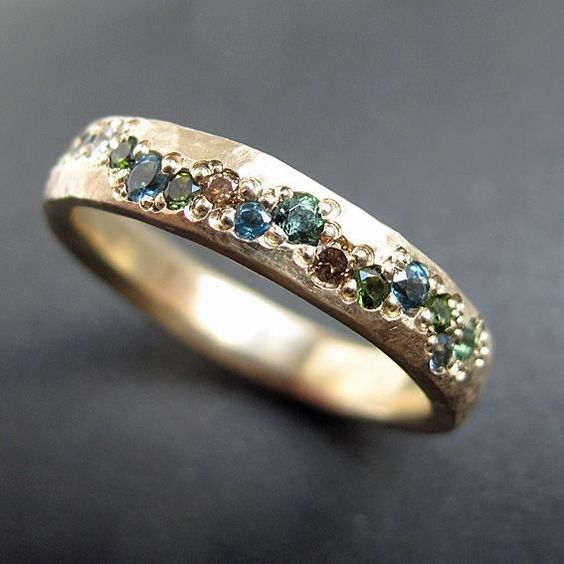 Textured Gold Ring with Blue and Green Gemstones
