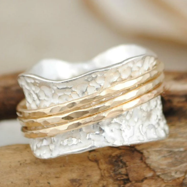 Textured Silver Spinner Ring with Hammered Gold Accents