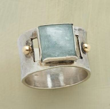 Modern Artisan Ring with Aquamarine Square and Gold Accents