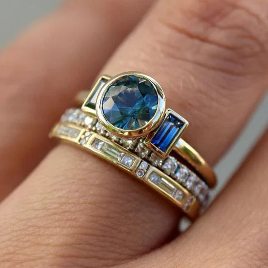 Blue Gemstone Stacking Ring Set with Baguette Accents in Gold Tone