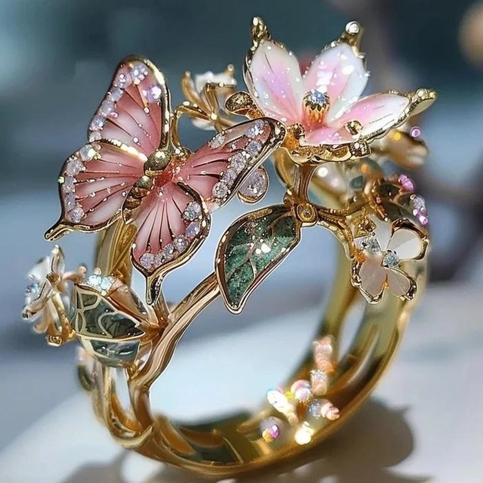 Butterfly and Blossom Garden Ring in Gold with Pink Enamel