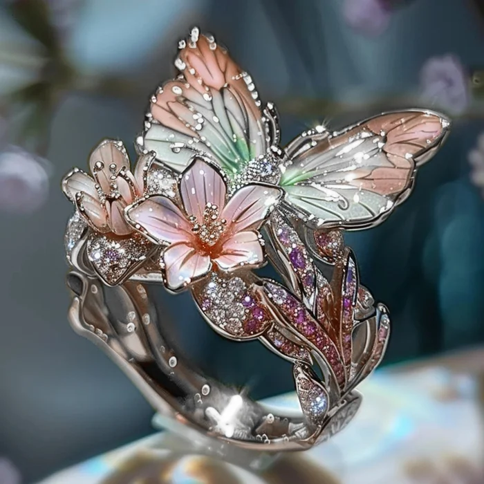 Butterfly and Blossom Garden Ring in Gold Tone