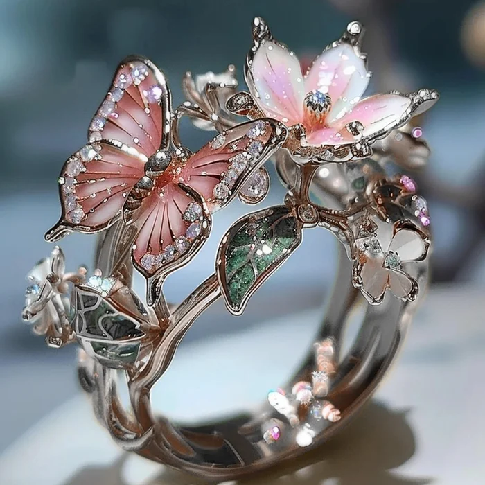 Butterfly and Blossom Garden Ring in Gold with Pink Enamel