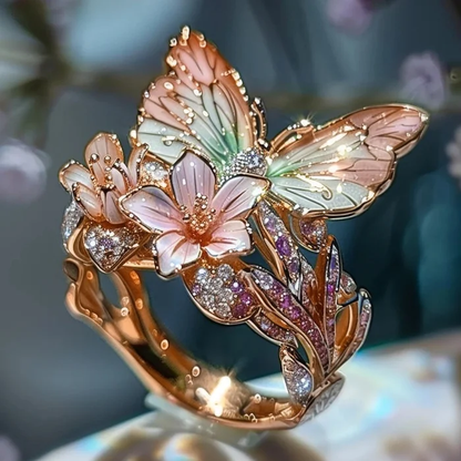 Butterfly and Blossom Garden Ring in Gold Tone