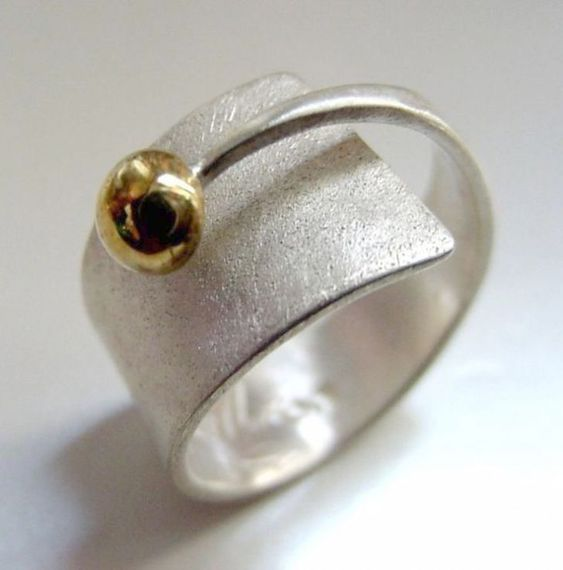 Sculptural Silver Matte Ring with Gold Accent Sphere