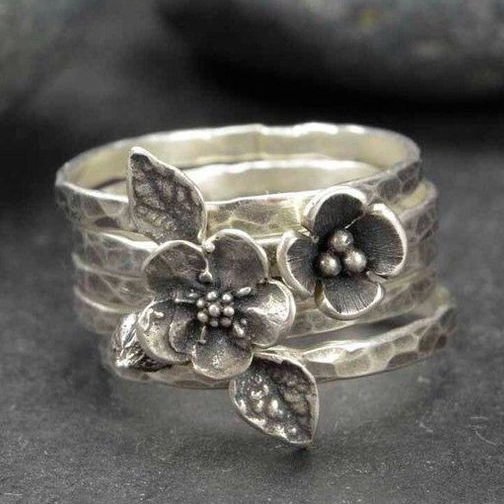 Vintage Silver Floral Stackable Ring Set