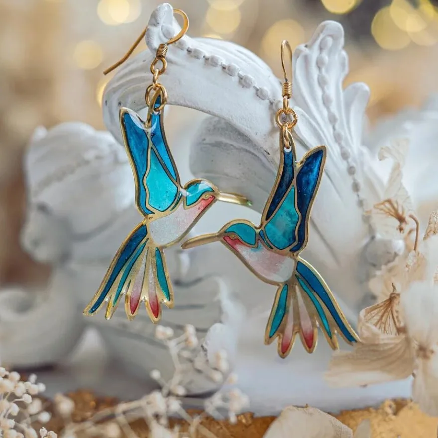 Hummingbird Drop Earrings in Gold Tone