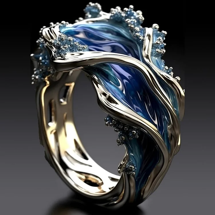 Ocean Wave Ring in Silver with Blue Enamel