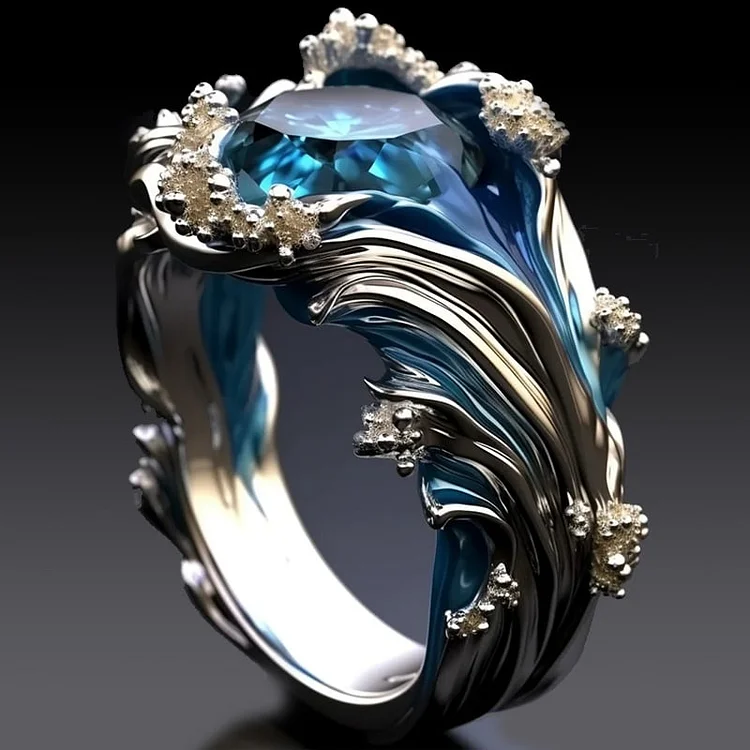 Ocean Wave Ring with Blue Gem and Sparkling Accents