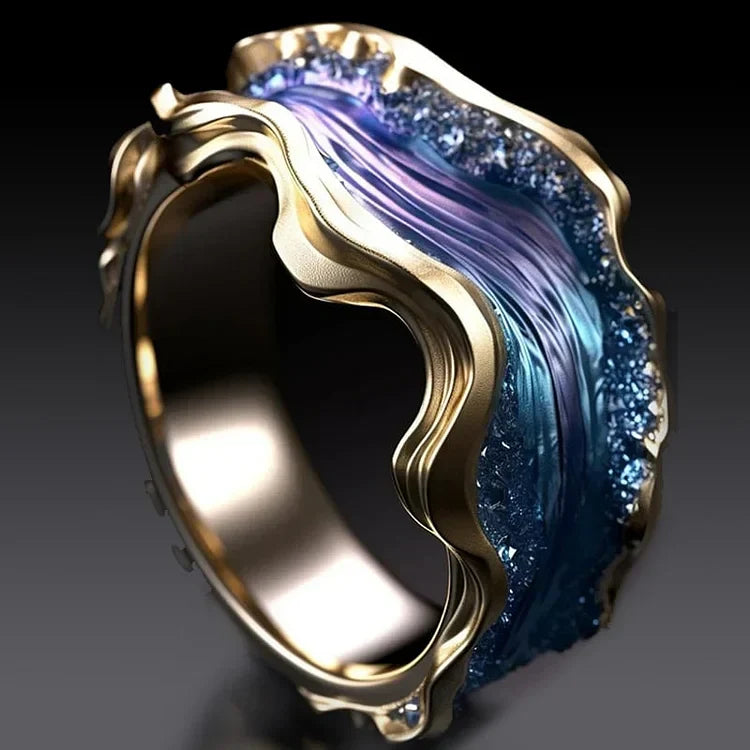 Ocean Wave Ring with Gold and Shimmering Blue