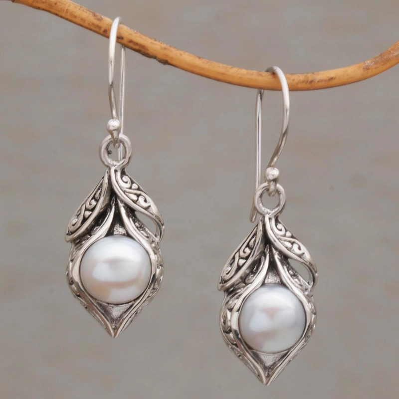 Vintage Leaf Drop Earrings with White Pearls