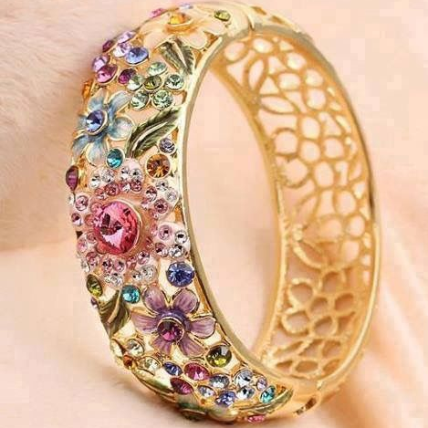 Floral Garden Crystal Bangle in Gold Tone