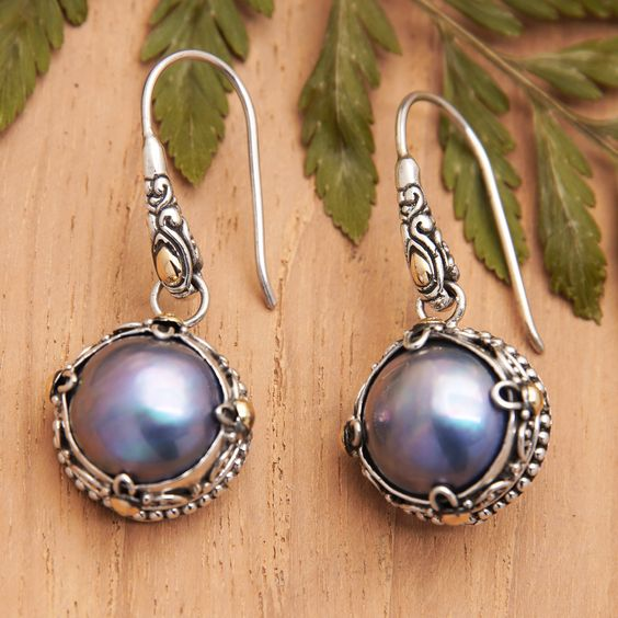 Vintage Drop Earrings with Blue Pearlescent Stones and Filigree Accents