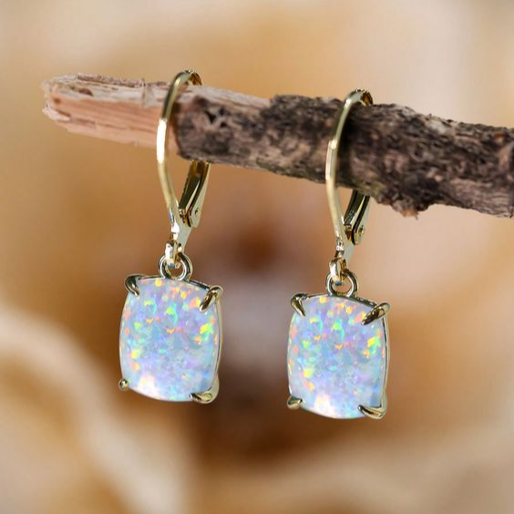 Cushion Opal Drop Earrings in Gold Tone