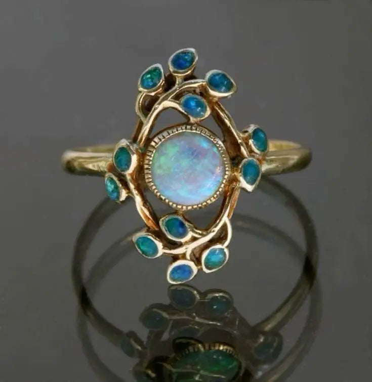 Vintage Gold Opal Ring with Blue Crystal Accents