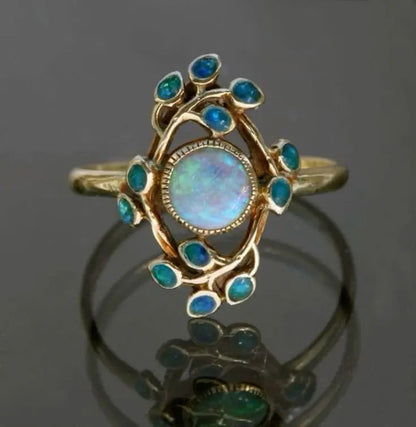 Vintage Gold Opal Ring with Blue Crystal Accents