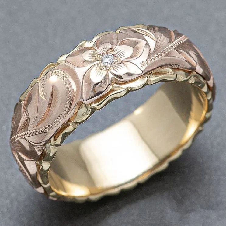 Floral Engraved Rose and Gold-Tone Band with Sparkling Accent