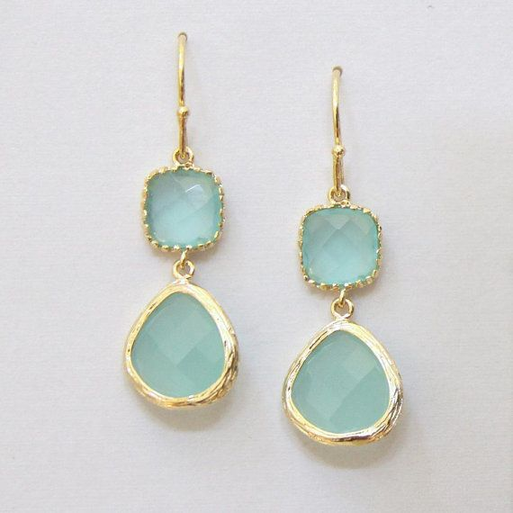 Aqua Drop Earrings with Gold-Toned Frame