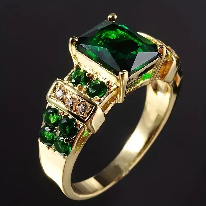 Emerald Green Radiant Statement Ring in Gold Tone