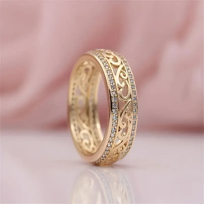 Celtic Filigree Band Ring with Crystal Accents in Gold Tone