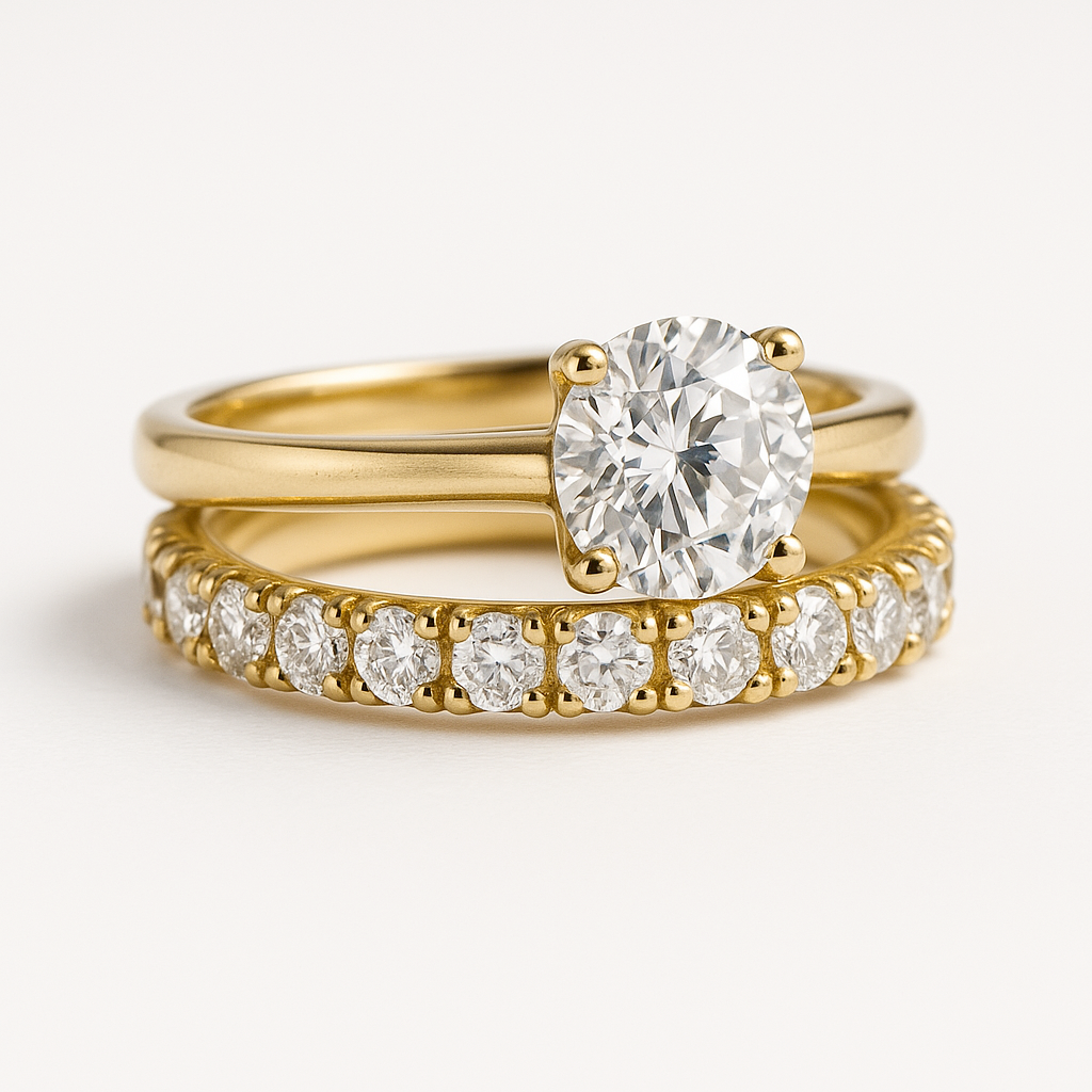 Radiant Solitaire &amp; Eternity Ring Set in Gold with Brilliant Stones