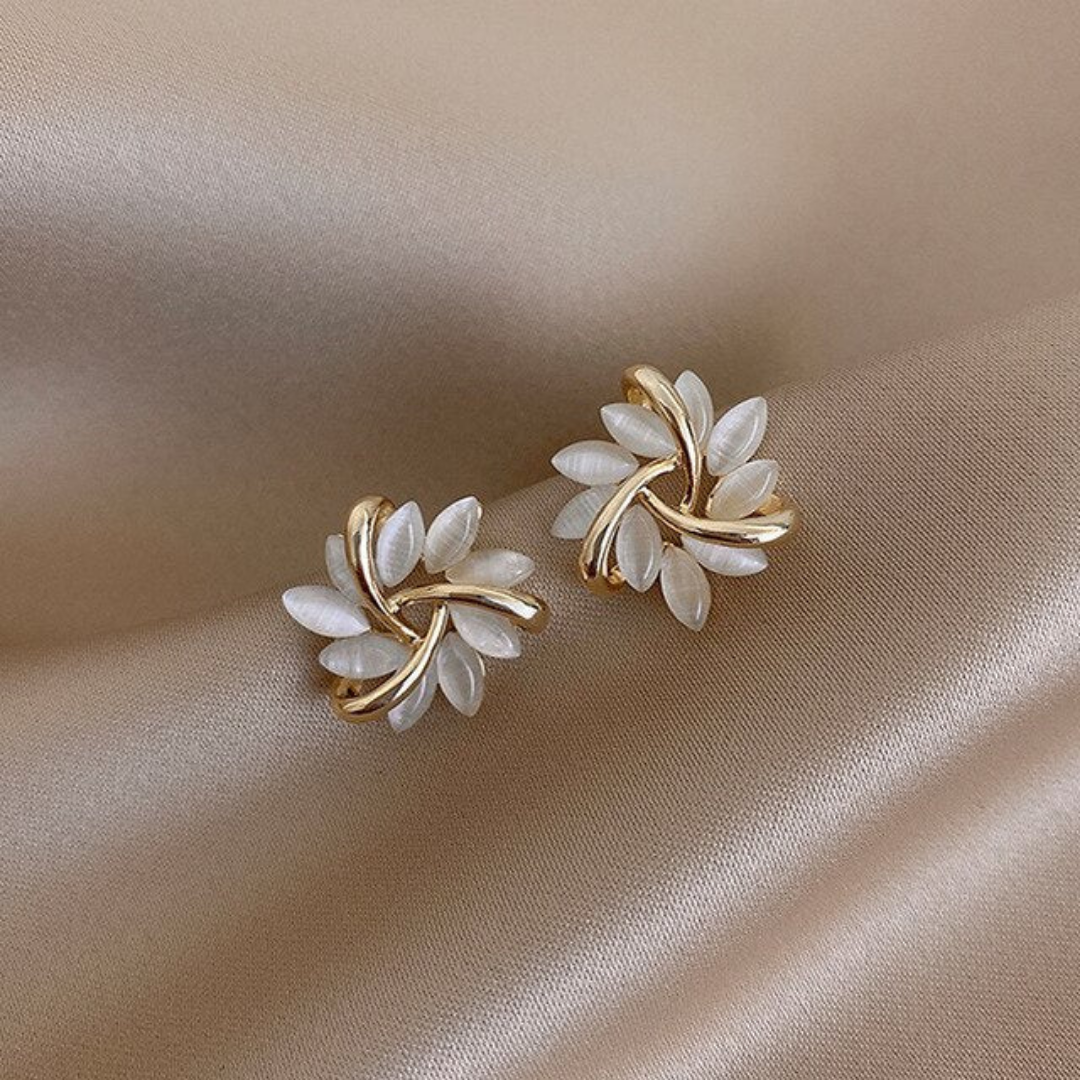 Gold Leaf Stud Earrings with Mother of Pearl Accents