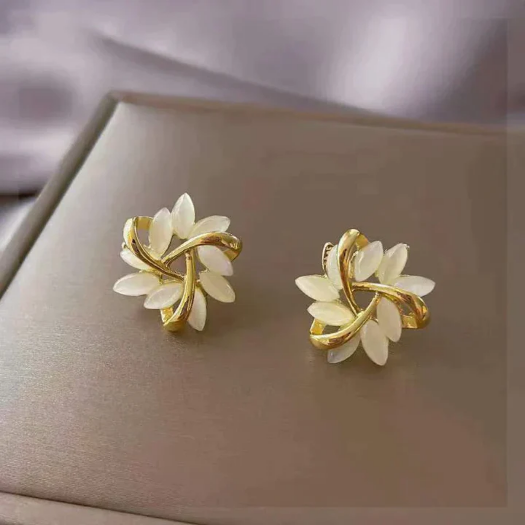 Gold Leaf Stud Earrings with Mother of Pearl Accents