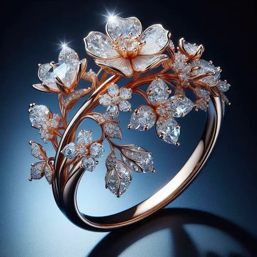 Floral Blossom Statement Ring in Rose Gold with Crystal Accents
