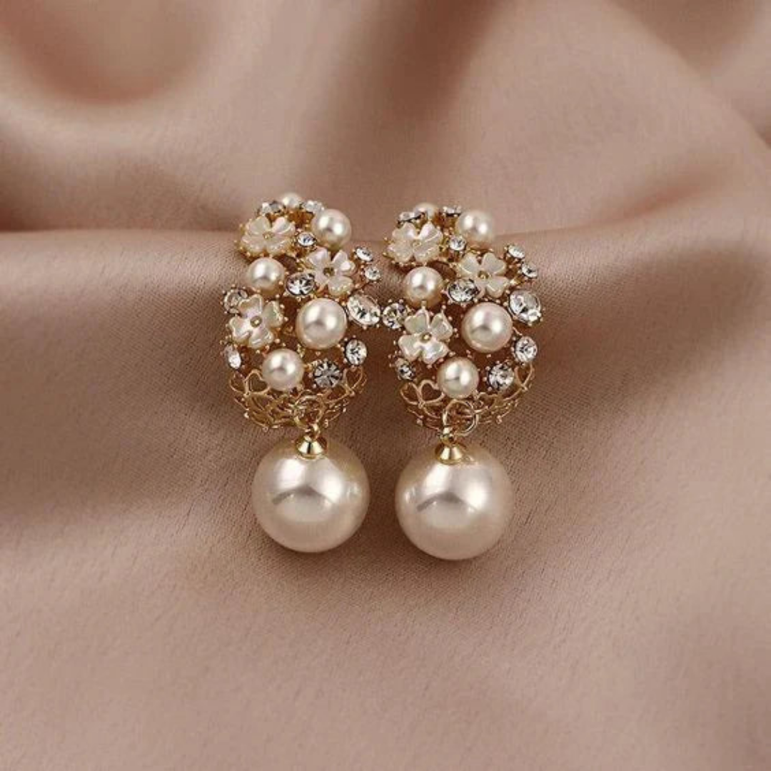 Floral Pearl Drop Earrings with Crystal Accents