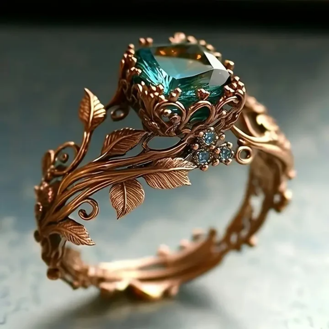 Vintage Leaf and Vine Ring with Blue Gemstone