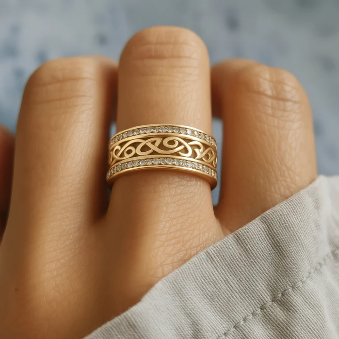 Celtic Filigree Gold Tone Crystal Band Ring