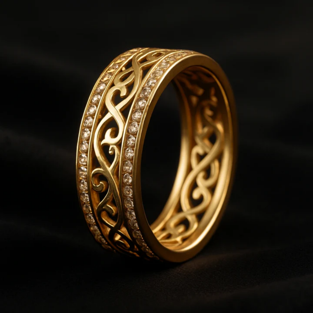 Celtic Filigree Gold Tone Crystal Band Ring