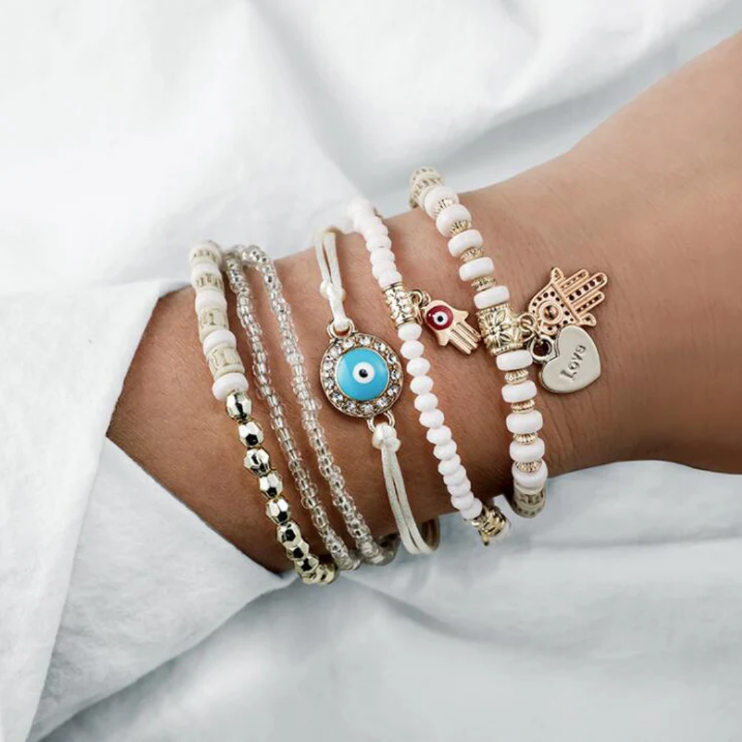 Layered Gold &amp; White Evil Eye and Hamsa Charm Bracelet Set