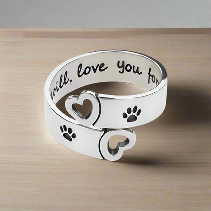 Twisted Heart and Paw Print Ring with Forever Love Inscription