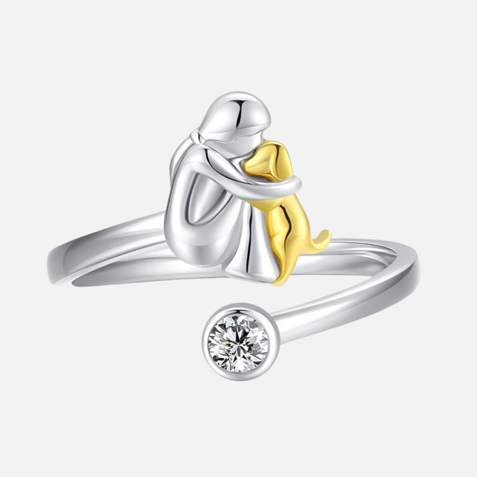 Woman and Dog Embrace Ring in Silver and Gold Tone with Crystal Accent