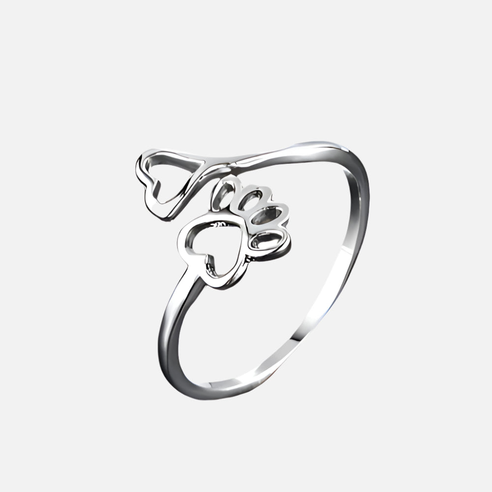 Paw Print Heart Ring in Silver Tone