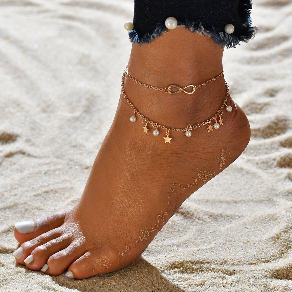 Infinity Anklet Bracelet with Pearls and Stars in Gold